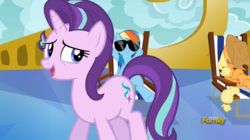 Size: 1566x877 | Tagged: safe, screencap, applejack, rainbow dash, starlight glimmer, pony, every little thing she does, g4