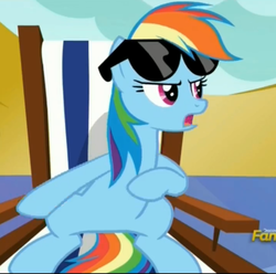 Size: 1429x1415 | Tagged: safe, screencap, rainbow dash, pony, every little thing she does, g4, female, mare, sitting, solo, sunglasses