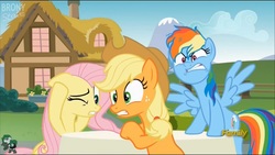 Size: 1366x768 | Tagged: safe, screencap, applejack, fluttershy, rainbow dash, pony, every little thing she does, g4, angry, covering ears, discovery family logo, expressions, furious, hangover, surprised, yelling