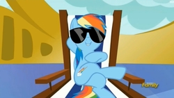 Size: 1280x720 | Tagged: safe, screencap, rainbow dash, pony, every little thing she does, g4, chillaxing, cool, crossed legs, discovery family logo, female, mare, solo, sunglasses