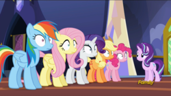 Size: 1920x1080 | Tagged: safe, screencap, applejack, fluttershy, pinkie pie, rainbow dash, rarity, starlight glimmer, earth pony, pegasus, pony, unicorn, every little thing she does, g4, discovery family logo, female, fiducia compellia, hypnosis, hypnotized, mare