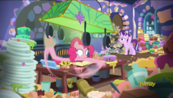 Size: 1920x1080 | Tagged: safe, screencap, pinkie pie, starlight glimmer, earth pony, pony, unicorn, every little thing she does, g4, season 6, cartoon physics, discovery family logo, fiducia compellia, hypnosis, hypnotized, mess, pinkie being pinkie, pinkie physics