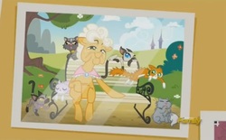 Size: 969x601 | Tagged: safe, screencap, goldie delicious, cat, earth pony, pony, every little thing she does, g4, bench, female, goldie delicious' cats, lil bub, mare, photo, too many cats