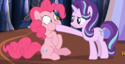 Size: 976x503 | Tagged: safe, screencap, pinkie pie, starlight glimmer, pony, every little thing she does, g4, animated, female, gif, loop