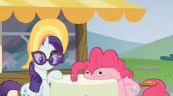 Size: 1280x712 | Tagged: safe, edit, edited screencap, screencap, pinkie pie, rarity, every little thing she does, g4, glasses