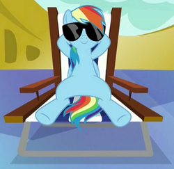 Size: 797x776 | Tagged: safe, screencap, rainbow dash, pegasus, pony, every little thing she does, g4, arm behind head, blue body, blue coat, blue fur, blue pony, blue wings, chillaxing, cropped, featureless crotch, female, folded wings, mare, multicolored hair, multicolored mane, multicolored tail, rainbow hair, rainbow tail, smiling, solo, spread legs, spreading, sunglasses, tail, wings