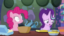 Size: 690x386 | Tagged: safe, screencap, pinkie pie, starlight glimmer, earth pony, pony, unicorn, every little thing she does, g4, season 6, animated, cartoon physics, extreme speed animation, female, fiducia compellia, gif, hoof hold, hyperspeed animation, hypnosis, hypnotized, pinkie being pinkie, pinkie physics