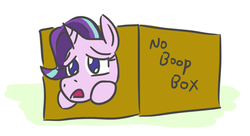 Size: 734x398 | Tagged: safe, artist:jargon scott, starlight glimmer, pony, unicorn, g4, adorable distress, box, cute, d:, female, frown, glimmerbetes, leaning, lidded eyes, mare, no boop box, no pupils, open mouth, pony in a box, punishment, pure unfiltered evil, sad, sadlight glimmer, sadorable, simple background, solo, white background