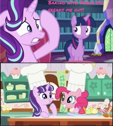 Size: 1222x1371 | Tagged: safe, edit, edited screencap, screencap, pinkie pie, starlight glimmer, twilight sparkle, alicorn, pony, every little thing she does, g4, the cutie re-mark, baking, twilight sparkle (alicorn)