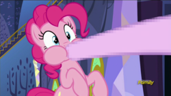Size: 1920x1080 | Tagged: safe, edit, edited screencap, screencap, pinkie pie, starlight glimmer, every little thing she does, g4, censored, discovery family logo, hoof in mouth, mosaic censor, unnecessary censorship