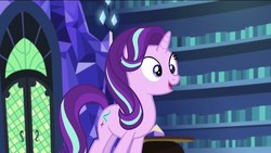 Size: 1920x1080 | Tagged: safe, screencap, starlight glimmer, pony, unicorn, every little thing she does, g4, my little pony: friendship is magic, cute, female, glimmerbetes, happy, library, mare, smiling, solo, twilight's castle, twilight's castle library