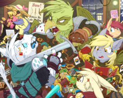 Size: 3000x2400 | Tagged: safe, artist:equestria-prevails, derpy hooves, oc, oc:white lightning, diamond dog, dracony, griffon, hippogriff, hybrid, original species, pegasus, pony, rabbit, g4, armor, board game, ear piercing, earring, female, fight, game, german, griffon oc, high res, jewelry, mare, piercing, poster, singing, sword, tavern, the settlers of catan, weapon