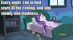 Size: 986x548 | Tagged: safe, edit, edited screencap, screencap, starlight glimmer, pony, unicorn, every little thing she does, g4, bedroom, discovery family logo, female, image macro, mare, meme, on back, solo, starlight bedridden, starlight's room, thousand yard stare