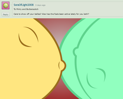 Size: 3000x2400 | Tagged: safe, artist:mintydrop2013, oc, oc only, oc:butter scotch, oc:minty fresh, ask, belly, belly button, fetal movement, high res, kicking, pregnant, tumblr