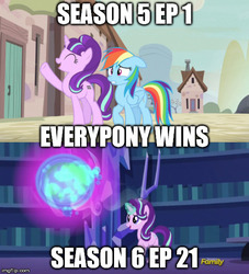 Size: 500x551 | Tagged: safe, edit, edited screencap, screencap, rainbow dash, starlight glimmer, every little thing she does, g4, discovery family logo, image macro, magic, meme