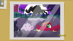 Size: 1280x720 | Tagged: safe, screencap, big macintosh, earth pony, pig, pony, every little thing she does, g4, discovery family logo, kothoga, male, mud, picture, pigsty, stallion, the relic (film), unknown creature