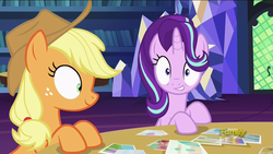 Size: 1280x720 | Tagged: safe, screencap, applejack, starlight glimmer, pony, every little thing she does, g4, discovery family logo, fiducia compellia, hypnosis, hypnotized