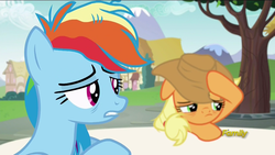 Size: 1280x720 | Tagged: safe, screencap, applejack, rainbow dash, pony, every little thing she does, g4, bags under eyes, discovery family logo, hangover, headache, tired