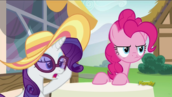 Size: 1280x720 | Tagged: safe, screencap, pinkie pie, rarity, pony, every little thing she does, g4, discovery family logo