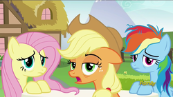 Size: 1280x720 | Tagged: safe, screencap, applejack, fluttershy, rainbow dash, pony, every little thing she does, g4, bags under eyes, discovery family logo, hangover, headache, looking at you, open mouth, tired