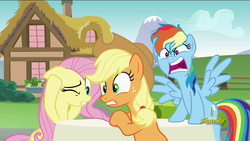 Size: 1280x720 | Tagged: safe, screencap, applejack, fluttershy, rainbow dash, pony, every little thing she does, g4, angry, covering ears, discovery family logo, faic, furious, surprised, yelling