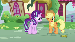 Size: 1280x720 | Tagged: safe, screencap, applejack, starlight glimmer, pony, every little thing she does, g4, my little pony: friendship is magic, discovery family logo, forgiveness, one eye closed, wink