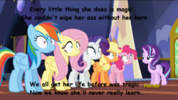 Size: 1920x1080 | Tagged: safe, edit, edited screencap, screencap, applejack, fluttershy, pinkie pie, rainbow dash, rarity, starlight glimmer, every little thing she does, g4, comic sans, discovery family logo, drama, every little thing she does is magic, fiducia compellia, lyrics, mind control, song parody, song reference, starlight drama, text, the police, unicorn master race
