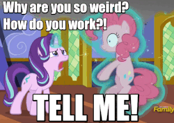 Size: 639x453 | Tagged: safe, edit, edited screencap, screencap, pinkie pie, starlight glimmer, earth pony, pony, unicorn, every little thing she does, animated, caption, cartoon physics, confused, discovery family logo, female, frown, funny, gif, glowing horn, hypnosis, hypnotized, image macro, levitation, magic, mare, meme, open mouth, pinkie being pinkie, ponk, shaking, smiling, smoke, talking, telekinesis, text, twilight's castle, wide eyes