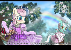 Size: 3700x2600 | Tagged: safe, artist:avchonline, bon bon, lyra heartstrings, sweetie drops, earth pony, pony, semi-anthro, g4, alcohol, arm hooves, bipedal, blushing, bucket, canterlot royal ballet academy, clothes, dress, engrish, evening gloves, gloves, hair bow, high res, jewelry, letterboxing, lucia, mermaid melody pichi pichi pitch, picnic, picnic basket, puffy sleeves, rainbow, tiara, wine