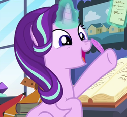 Size: 514x475 | Tagged: safe, screencap, starlight glimmer, pony, unicorn, every little thing she does, g4, cute, female, glimmerbetes, mare, open mouth, raised hoof, solo, starlight's room