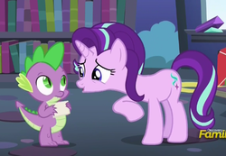 Size: 513x355 | Tagged: safe, screencap, spike, starlight glimmer, every little thing she does, g4, cropped, discovery family logo