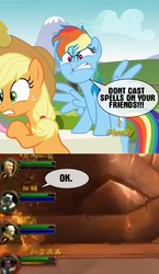 Size: 547x940 | Tagged: safe, artist:sasha-flyer, edit, edited screencap, screencap, applejack, rainbow dash, earth pony, pegasus, pony, every little thing she does, g4, comic, female, literal minded, lol, mare, roasted, warcraft, world of warcraft