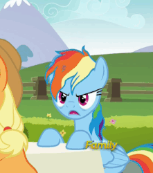 Size: 301x341 | Tagged: safe, screencap, applejack, rainbow dash, pony, every little thing she does, g4, angry, animated, faic, female, furious, gif, rainbow dash is best facemaker, solo focus, spread wings, wings, yelling