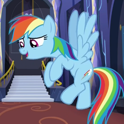 Size: 369x368 | Tagged: safe, screencap, rainbow dash, pony, every little thing she does, g4, cute, female, flying, mare, solo, stairs, twilight's castle