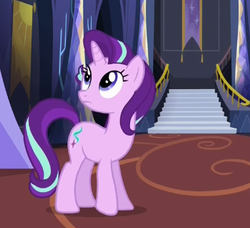 Size: 390x355 | Tagged: safe, screencap, starlight glimmer, pony, every little thing she does, g4, banner, cropped, cute, female, looking up, mare, solo, stairs, twilight's castle