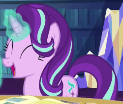 Size: 592x501 | Tagged: safe, screencap, starlight glimmer, pony, unicorn, every little thing she does, g4, season 6, animated, cute, eyes closed, female, gif, glimmerbetes, glowing horn, horn, laughing, loop, mare, open mouth, smiling, solo