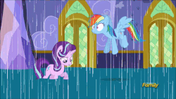 Size: 960x540 | Tagged: safe, screencap, pinkie pie, rainbow dash, starlight glimmer, pony, every little thing she does, g4, season 6, animated, buoyant, female, fiducia compellia, floating, flood, gif, hypno dash, hypnosis, hypnotized, pegaduck, pinkie being pinkie, rain, water