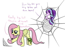 Size: 1000x800 | Tagged: safe, artist:mightyshockwave, fluttershy, starlight glimmer, pegasus, pony, snake, spider, unicorn, every little thing she does, g4, bondage, cocoon, cute, dialogue, female, frown, gritted teeth, harmless, hissing, mare, open mouth, peril, raised hoof, restrained, simple background, smiling, snek, spider web, white background, wide eyes, worried, wrapped up