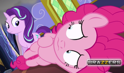 Size: 805x478 | Tagged: safe, edit, edited screencap, screencap, pinkie pie, starlight glimmer, every little thing she does, g4, brazzers, female, fiducia compellia, mind control
