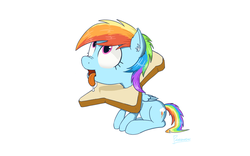 Size: 1600x1000 | Tagged: safe, artist:p4r4n0e4c, rainbow dash, pegasus, pony, g4, bread, bread head, breading, drool, female, folded wings, food, looking up, open mouth, simple background, sitting, solo, tongue out, white background