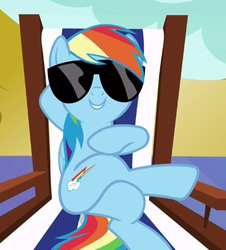 Size: 409x453 | Tagged: safe, screencap, rainbow dash, pony, every little thing she does, g4, chillaxing, female, mare, solo, sunglasses