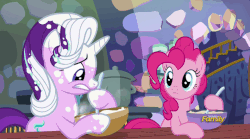 Size: 710x394 | Tagged: safe, screencap, pinkie pie, starlight glimmer, earth pony, pony, unicorn, every little thing she does, g4, season 6, animated, blinking, blushing, cute, diapinkes, female, forgiveness, gif, glimmerbetes, mare, smiling