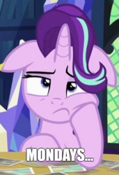 Size: 500x731 | Tagged: safe, edit, edited screencap, screencap, starlight glimmer, every little thing she does, g4, annoyed, female, floppy ears, meme, monday, reaction image, solo, twilight's castle