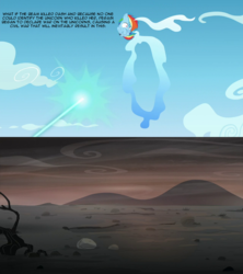 Size: 1280x1440 | Tagged: safe, edit, edited screencap, screencap, rainbow dash, pegasus, pony, g4, the cutie re-mark, alternate timeline, ashlands timeline, barren, burned, burned butt, comic, female, filly, filly rainbow dash, headcanon, implied death, implied genocide, post-apocalyptic, solo, theory, wasteland