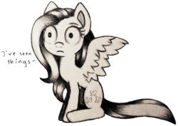 Size: 2696x1904 | Tagged: safe, artist:amberpone, fluttershy, pegasus, pony, g4, female, i've seen some shit, looking away, mare, monochrome, pencil drawing, simple background, sitting, solo, spread wings, thousand yard stare, traditional art, transparent background, wide eyes, wings