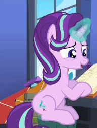 Size: 369x484 | Tagged: safe, screencap, starlight glimmer, pony, unicorn, every little thing she does, g4, season 6, animated, blinking, book, cute, female, gif, glimmerbetes, glowing horn, horn, kite, mare, sitting, smiling, solo, starlight's room, talking