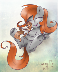 Size: 2000x2500 | Tagged: safe, artist:redheadfly, oc, oc only, oc:lucky fly, pegasus, pony, squirrel, high res, hug, solo, underhoof