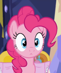 Size: 405x484 | Tagged: safe, screencap, pinkie pie, earth pony, pony, every little thing she does, g4, season 6, :<, :i, animated, blinking, cute, diapinkes, faic, female, gif, looking at you, mare, open mouth, ponk, puffy cheeks, saddle bag, smiling, solo