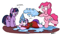 Size: 2679x1510 | Tagged: safe, artist:bobthedalek, pinkie pie, starlight glimmer, twilight sparkle, alicorn, pony, every little thing she does, g4, angry, bipedal, bucket, clothes, crossover, dialogue, disney, fantasia, fiducia compellia, hat, looking at each other, looking down, looking up, mind control, open mouth, prone, robe, simple background, the sorcerer's apprentice, twilight sparkle (alicorn), unamused, water, wet, white background, wide eyes, wizard hat