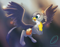 Size: 2034x1618 | Tagged: safe, artist:thegraid, gabby, griffon, g4, the fault in our cutie marks, female, flying, looking sideways, saddle bag, solo